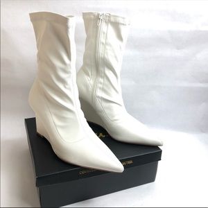 Lulu’s Saxton White Faux Leather Wedge Heel Sock Boots